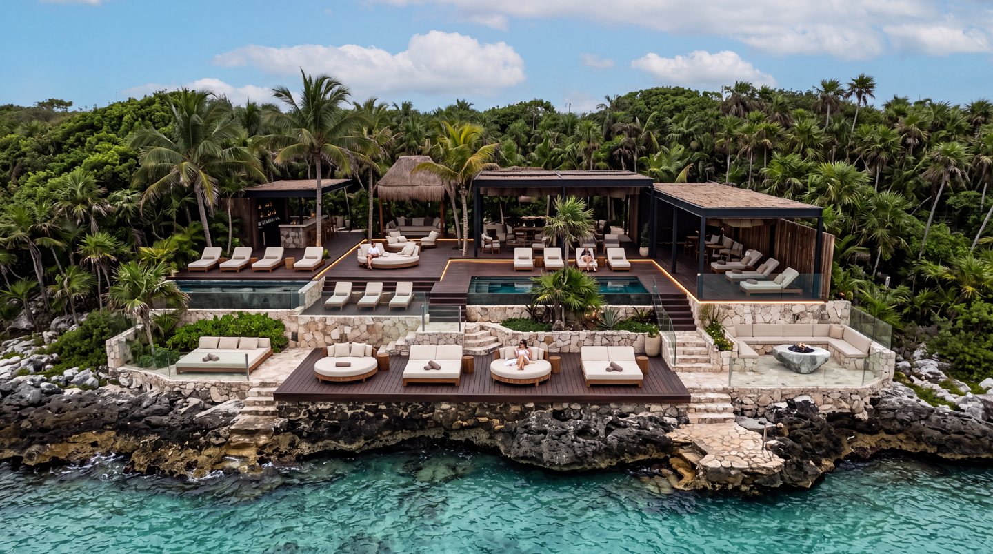 Concept image: cenote club decks and pools above clear water