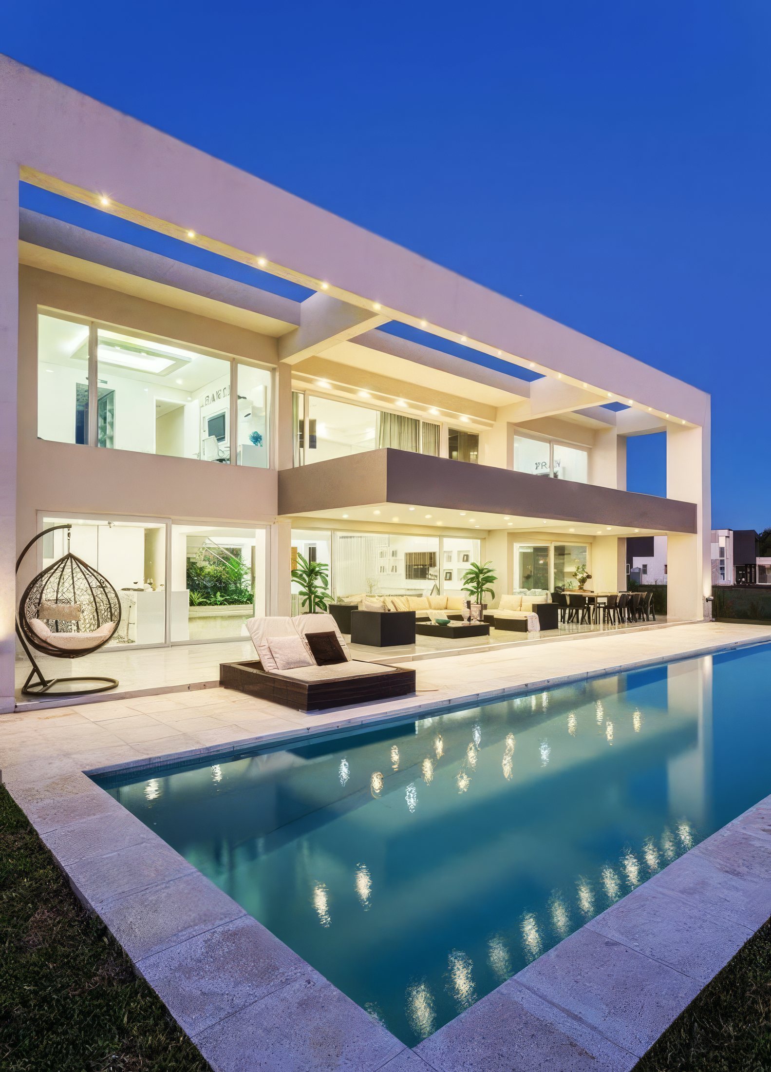 Concept image: a modern villa lit at dusk with a long pool