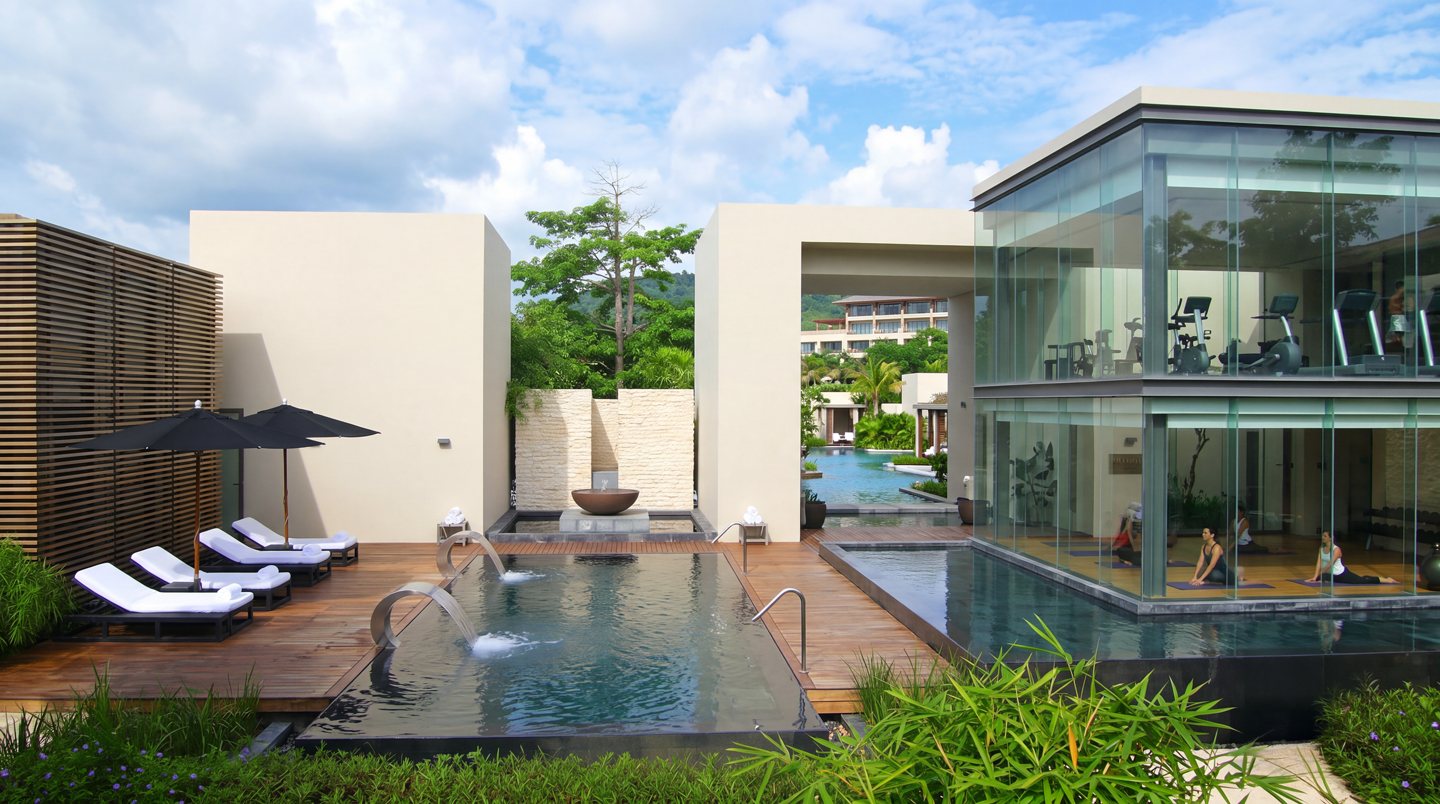 Concept image: wellness center with glass studio and reflecting pools
